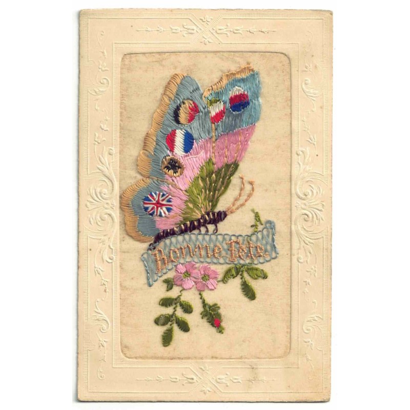 n°28306 - Fantaisie - Carte Brodée - Bonne Fête - Papillon avec les drapeaux sur les ailes