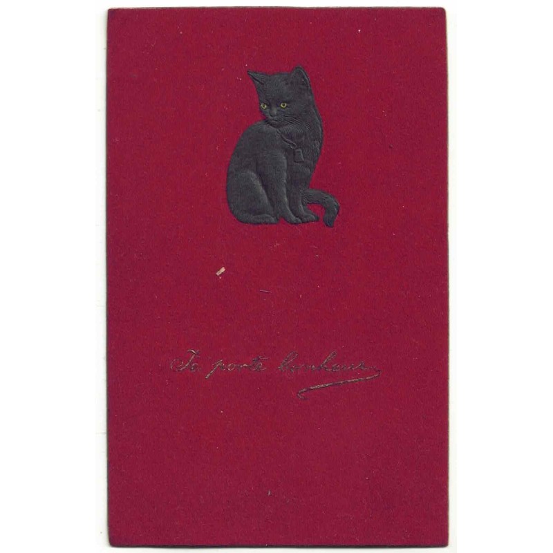 n°28307 - Carte Gaufrée - Je porte bonheur - Chat  Noir, sur fond rouge en feutrine