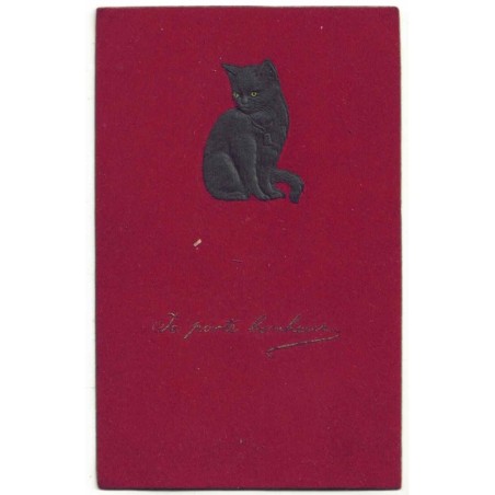 n°28307 - Carte Gaufrée - Je porte bonheur - Chat  Noir, sur fond rouge en feutrine