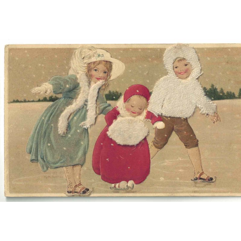 n°28308 - Carte Gaufrée - Flatscher - Enfants faisant du patins à glace - Carte avec vêtements en tissu