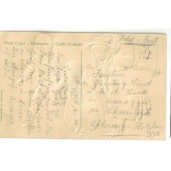 n°28308 - Carte Gaufrée - Flatscher - Enfants faisant du patins à glace - Carte avec vêtements en tissu