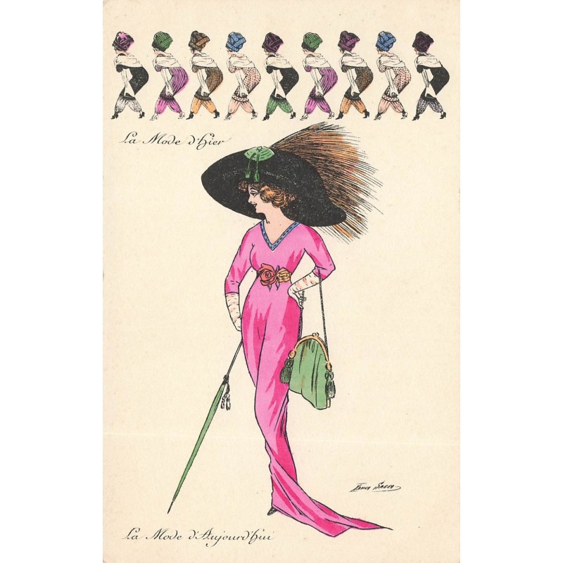 n°28310 - Illustrateur Xavier Sager - La Mode d'hier - La Mode d'aujourd'hui - Femme portant une robe rose