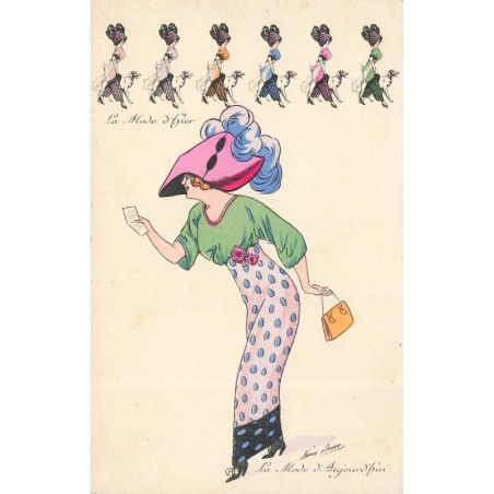 n°28311 - Illustrateur Xavier Sager - La Mode d'hier - La Mode d'aujourd'hui - Femme portant une jupe à pois