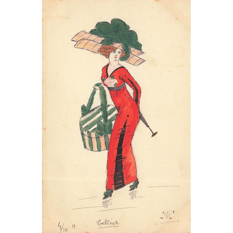 n°28312 - Carte Peinte à la Main - Femme portant une robe orange, et une boîte à chapeau
