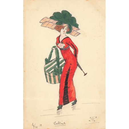 n°28312 - Carte Peinte à la Main - Femme portant une robe orange, et une boîte à chapeau