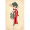 n°28312 - Carte Peinte à la Main - Femme portant une robe orange, et une boîte à chapeau