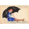 n°28314 - Carte Peinteà la Main - Susie - Jeune femme assise se protégeant de la pluie sous un parapluie