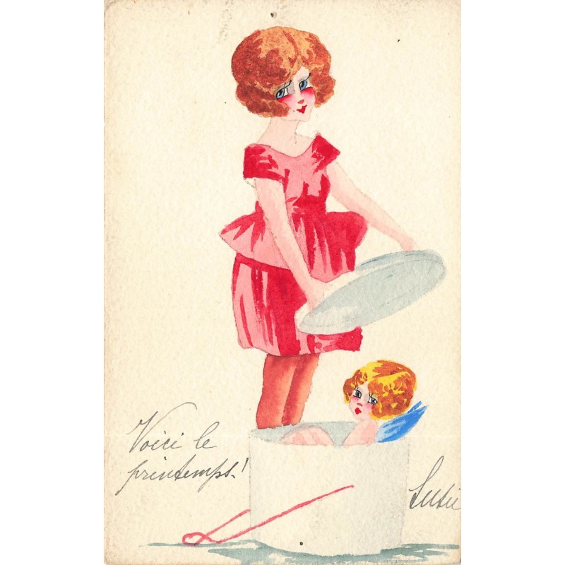 n°28315 - Carte peinteà la Main - Susie - Jeune femme ouvrant une boîte à chapeau contenant un ange