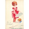 n°28315 - Carte peinteà la Main - Susie - Jeune femme ouvrant une boîte à chapeau contenant un ange
