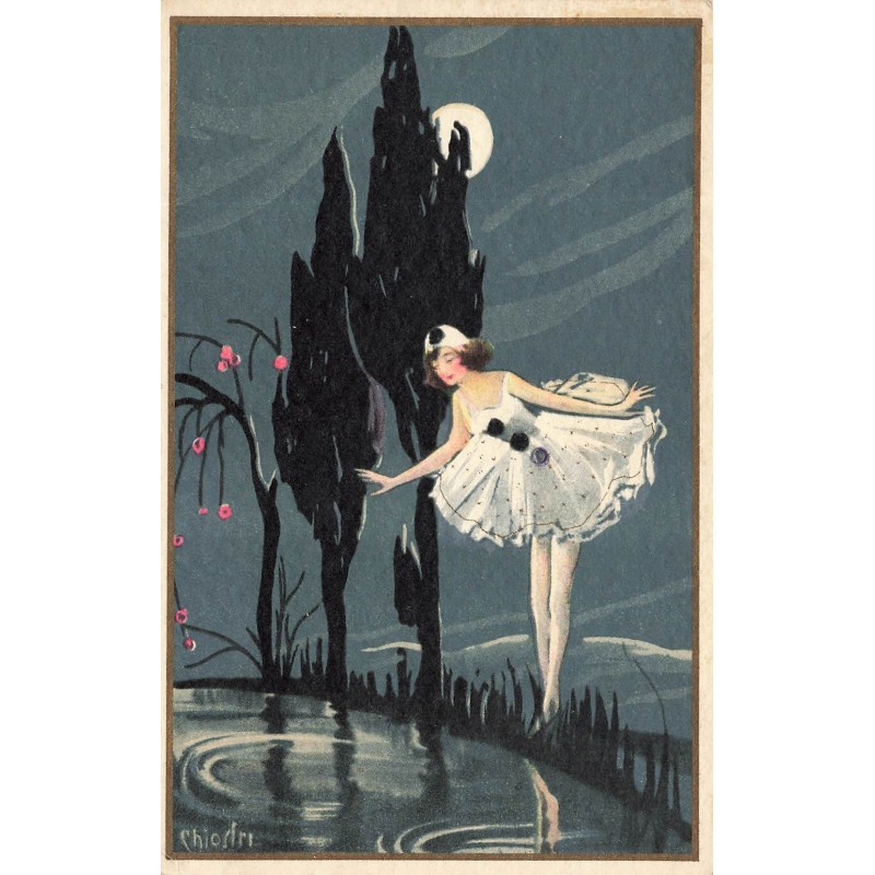 n°28316 - Illustrateur Chiostri - Colombine regardant son reflet dans l'eau, dans la nuit