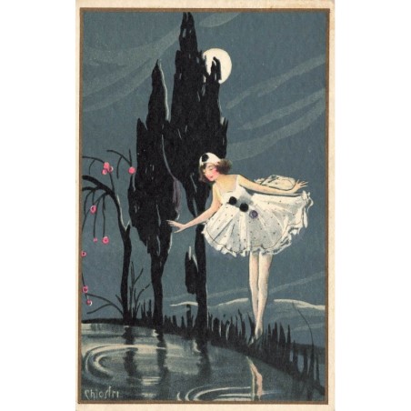 n°28316 - Illustrateur Chiostri - Colombine regardant son reflet dans l'eau, dans la nuit