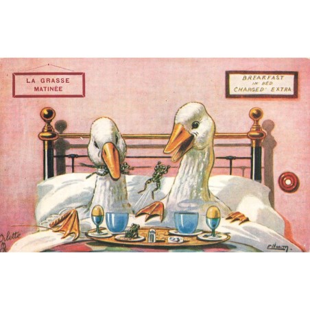 n°28319 - Illustrateur Ellam - La Grasse Matinée - Couple d'oie prenant le petit-déjeuner au lit