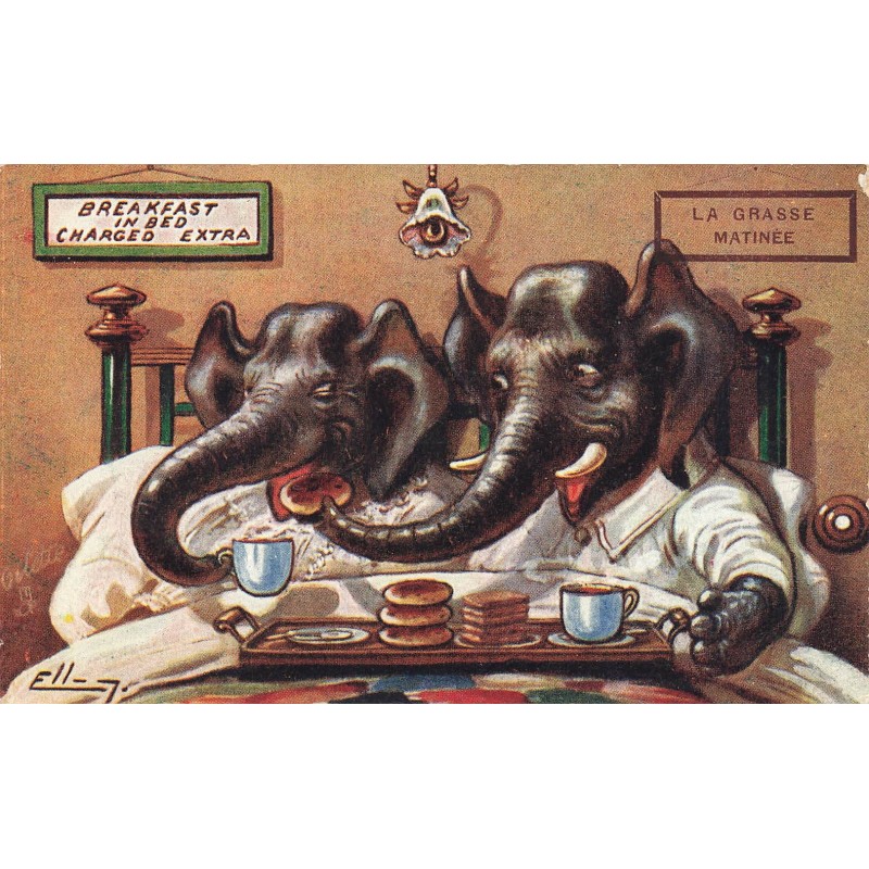 n°28320 - Illustrateur Ellam - La Grasse Matinée - Couple d'éléphant prenant le petit-déjeuner au lit