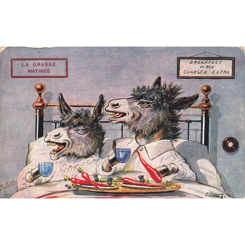 n°28321 - Illustrateur Ellam - La Grasse Matinée - Couple d'âne prenant le petit-déjeuner au lit