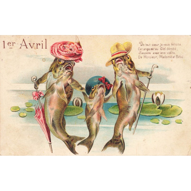 n°28324 - Carte Gaufrée - 1er Avril - Famille de poissons humanisés