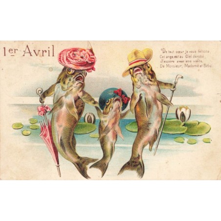 n°28324 - Carte Gaufrée - 1er Avril - Famille de poissons humanisés