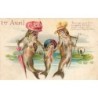 n°28324 - Carte Gaufrée - 1er Avril - Famille de poissons humanisés