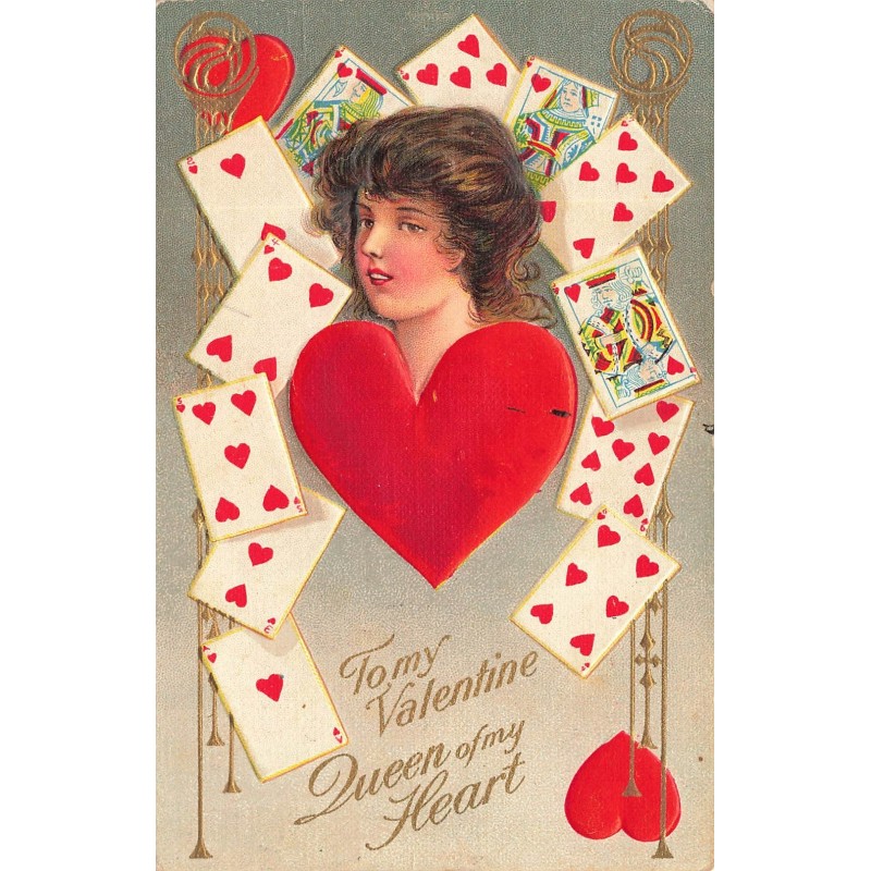 n°28328 - Carte Gaufrée - Dame de coeur  - To My Valentine - Femme au milieu de cartes à jouer