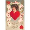 n°28328 - Carte Gaufrée - Dame de coeur  - To My Valentine - Femme au milieu de cartes à jouer