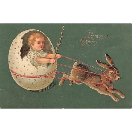 n°28329 - Carte Gaufrée - Joyeuses Pâques - Enfant dans un oeuf tiré par un lièvre