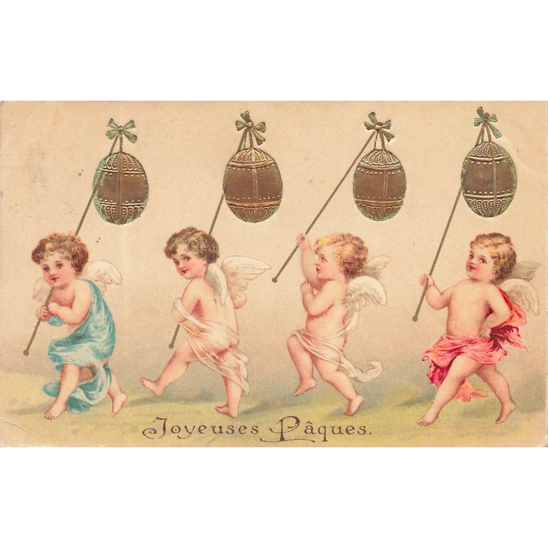 n°28331 - Carte Gaufrée - Clapsaddle - Joyeuses Pâques - Anges portant des lampions en forme d'oeufs