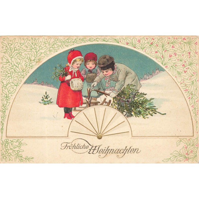 n°28333- Carte Gaufrée - Noël - Fröhliche Weihnachten- Enfants coupant un sapin
