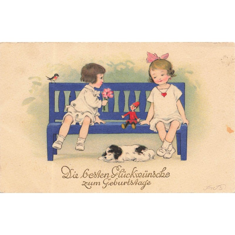 n°28336 - Anniversaire - Enfants sur un banc - Illustrateur F. Baumgarten