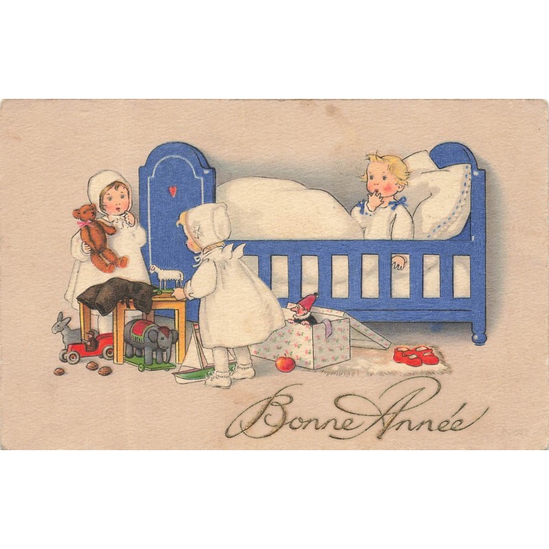 n°28337 - Bonne Année - Anges déposant un ours en peluche au pied d'un lit - F. Baumgarten - Teddy Bear