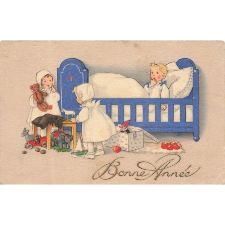 n°28337 - Bonne Année - Anges déposant un ours en peluche au pied d'un lit - F. Baumgarten - Teddy Bear