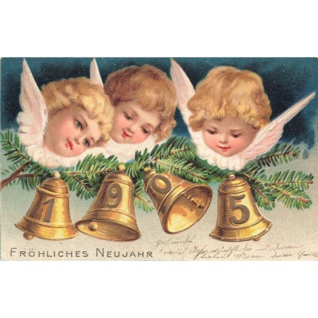 n°28338 - Carte Gaufrée - Clapsaddle - Fröhliches Neujahr 1905 - Têtes d'anges au-dessus de cloches