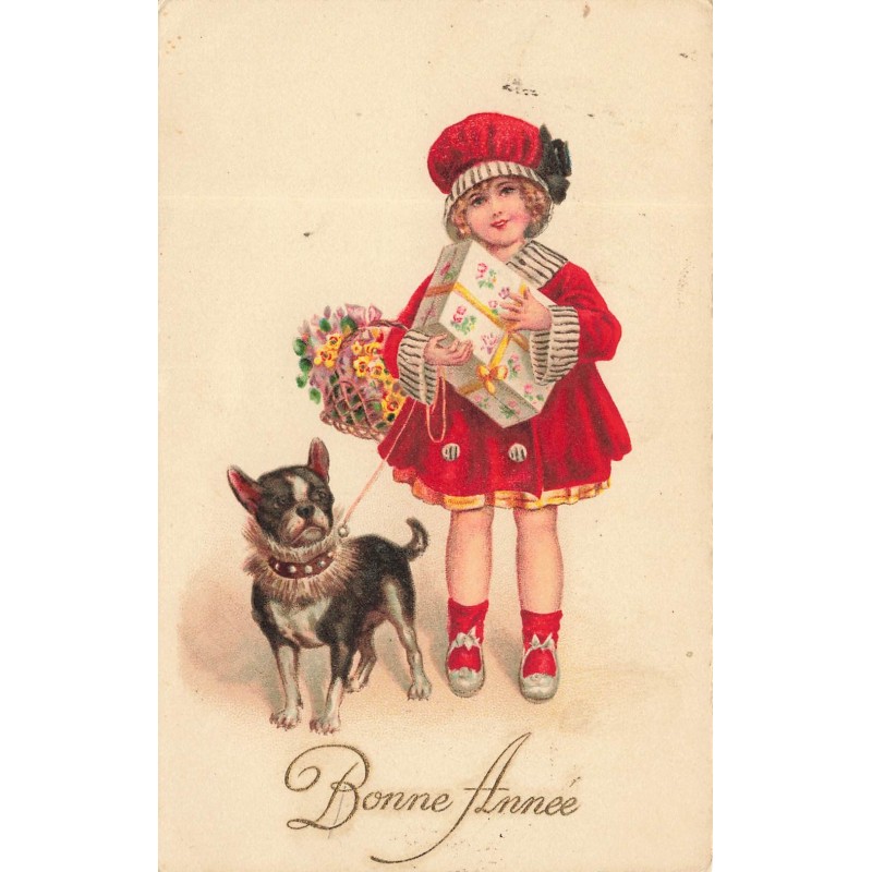 n°28339 - Bonne Année - Fillette portant un cadeau et tenant un Bouledogue français en laisse