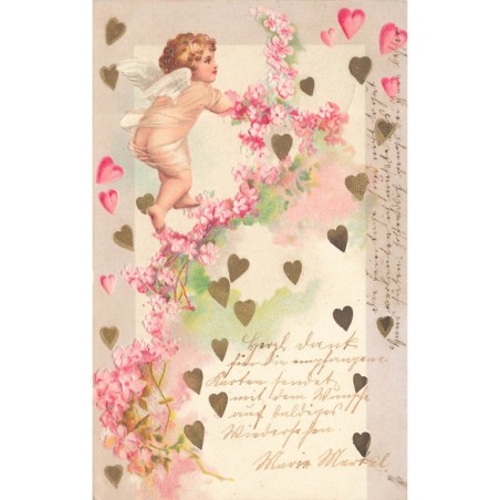 n°28342 - Carte Gaufrée - Clapsaddle - Ange grimpant sur une guirlande de fleurs
