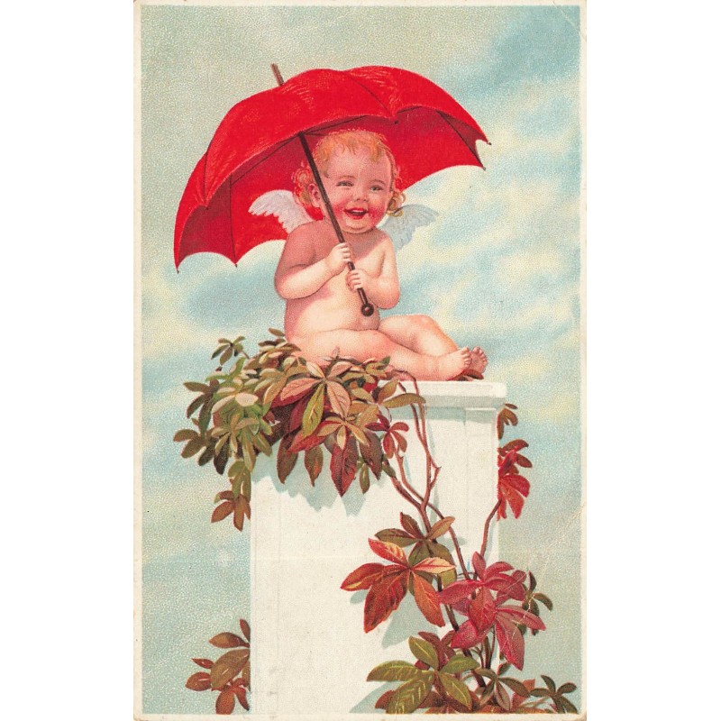 n°28343 - Ange assis, se protégeant du soleil avec une ombrelle rouge