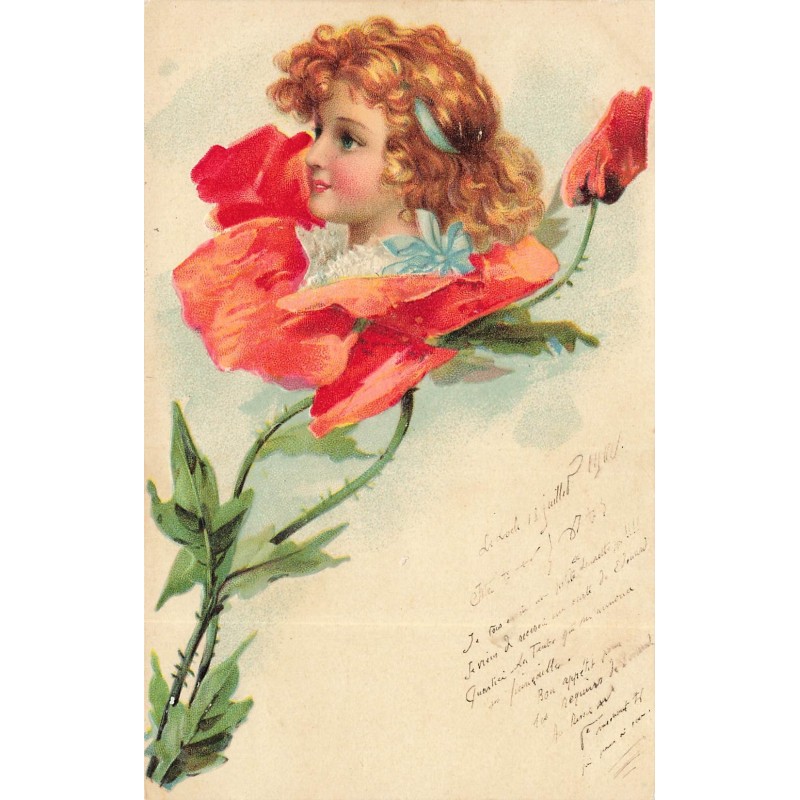 n°28345 - Carte Gaufrée - Fantaisie - Tête d'une fillette dans un Coqelicot - surréalisme
