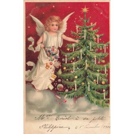 n°28346 - Noël - Ange décorant un sapin - Fond rouge
