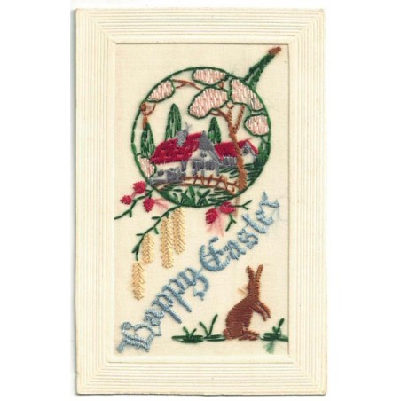 n°28351 - Fantaisie - Carte Brodée - Happy Easter - Maisons dans un médaillon, et un lièvre