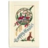 n°28351 - Fantaisie - Carte Brodée - Happy Easter - Maisons dans un médaillon, et un lièvre
