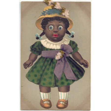 n°28353 - Fantaisie - Fillette avec un chapeau - Carte en relief avec la robe en tissu