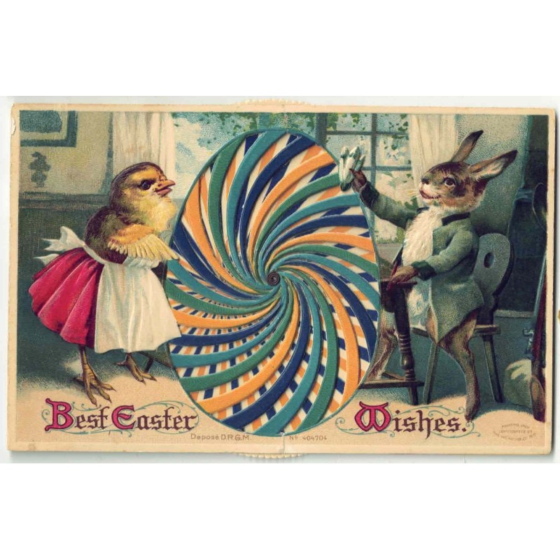 n°28354 - Carte à Système - Pâques - Best Easter Wishes - Poussin et lièvre habillés