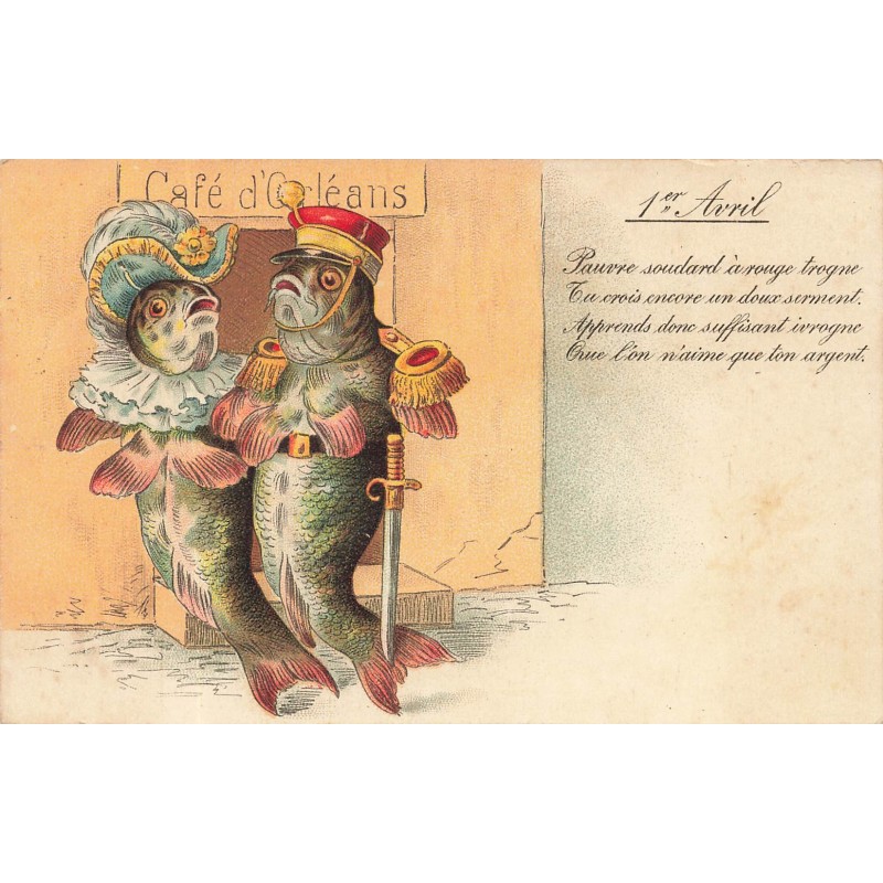 n°28356 - 1er Avril- Couple de poisson habillés passant devant le Café d'Orléans