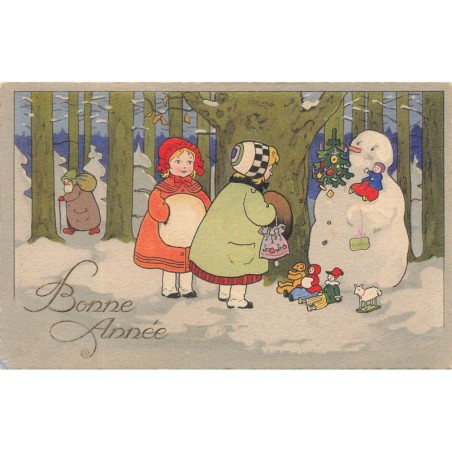 n°28357 - Baumgarten ? - Bonne Année - Fillettes apportant des cadeaux à un bonhomme de neige