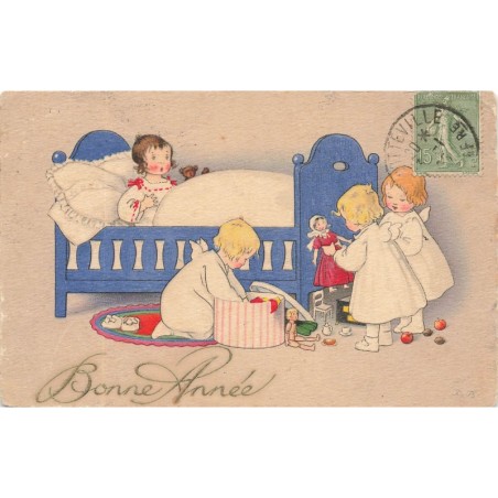 n°28358 - Baumgarten - Bonne Année - Anges déposant des cadeaux au pied du lit d'une fillette