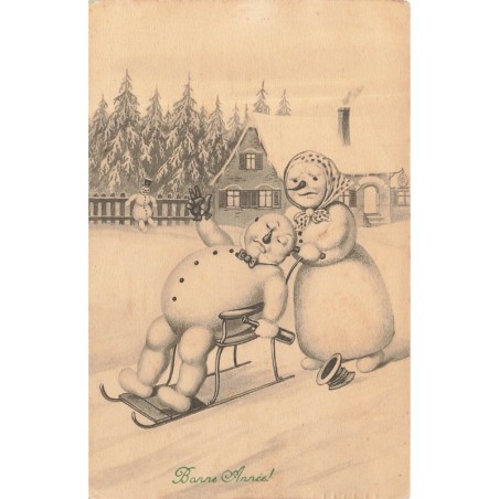 n°28359 - Bonne Année - Couple de bonhommes de neige humanisés