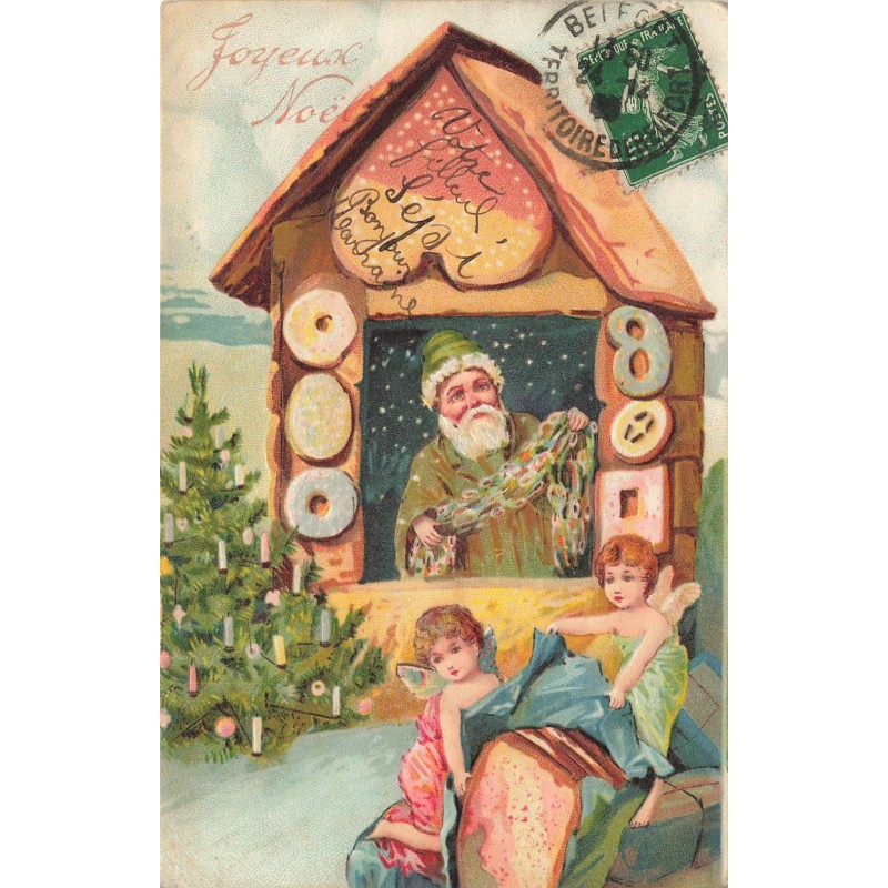 n°28362 - Carte Gaufrée - Joyeux Noël - Père Noël dans une maison en biscuit