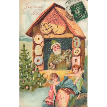 n°28362 - Carte Gaufrée - Joyeux Noël - Père Noël dans une maison en biscuit