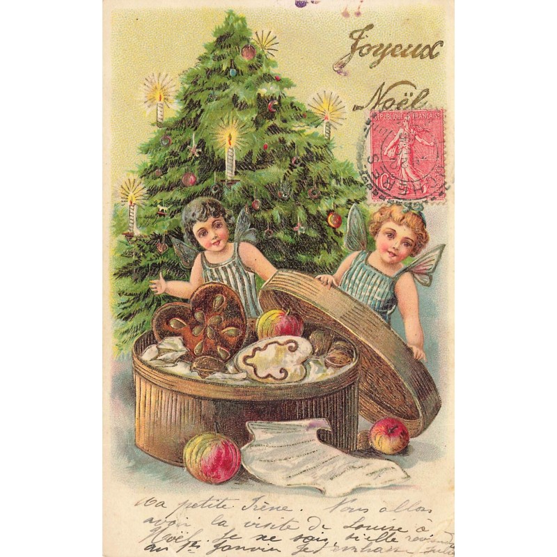 n°28363 - Carte Gaufrée - Joyeux Noël - Anges ouvrant une boite remplie  de pommes et de gâteaux