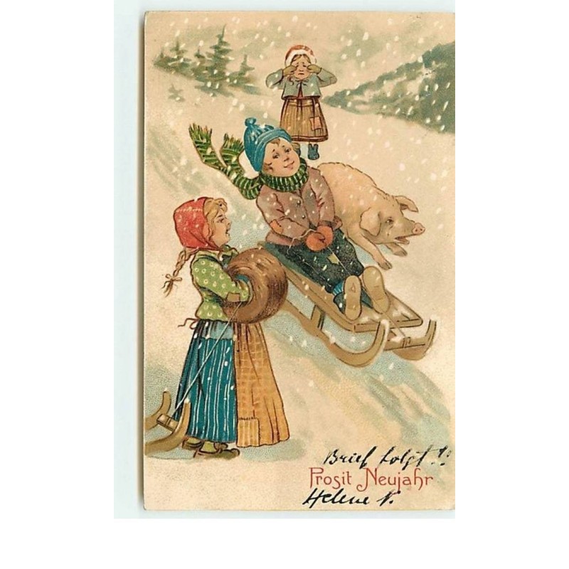 n°13389 - Prosit Neujahr - Fillettes regardant un garçon descendant en luge avec un cochon