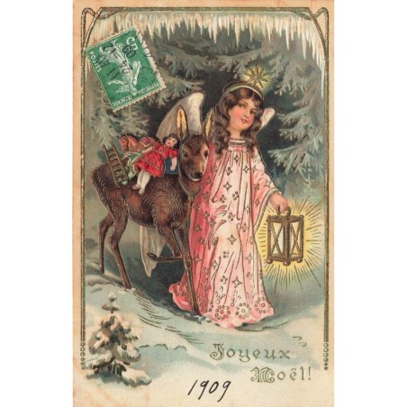n°28365 - Carte Gaufrée - 7888 - Joyeux Noël - Ange marchant près d'un faon portant des jouets dont une poupée