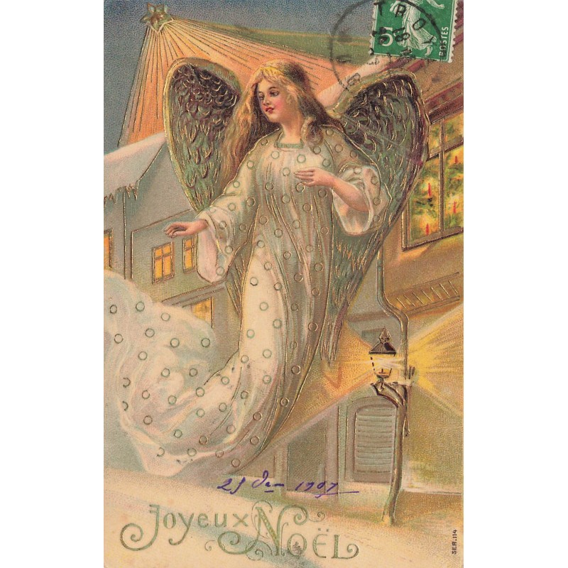 n°28366 - Carte Gaufrée - SER 114 - Joyeux Noël - Ange gardien passant dans une rue éclairée par une étoile
