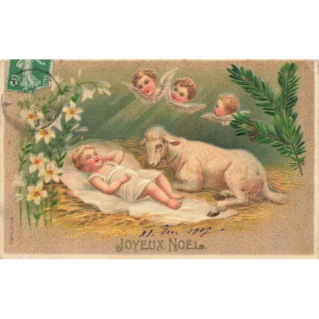 n°28367 - Carte Gaufrée - MSIB 13762 - Joyeux Noël - Mouton veillant sur un bébé dormant sur du foin
